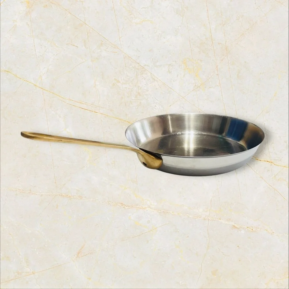 VTG Frying Pan 11” Stainless Steel Brass Handle Heavy - Great!